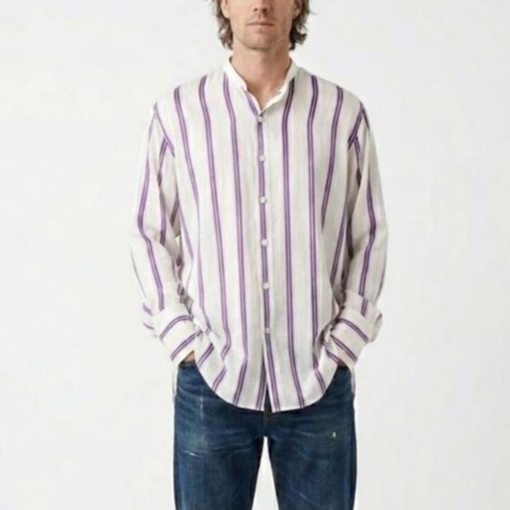 Breslin Italy Mens Ivory Purple Striped Silk Collarless 1/2 Button Shirt 15.5